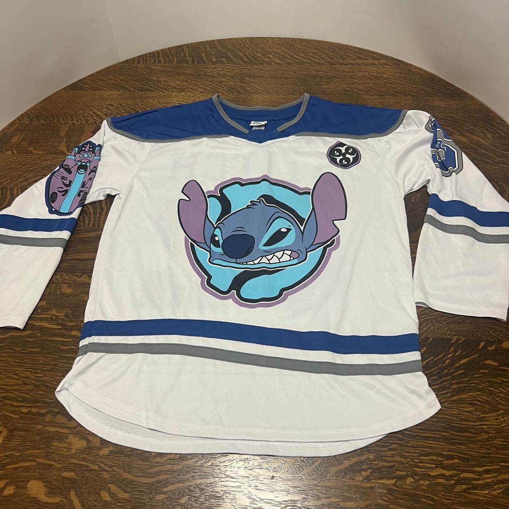 Disney Stitch Hockey Jersey Mens Large White Blue 626 Graphic Mesh Shirt